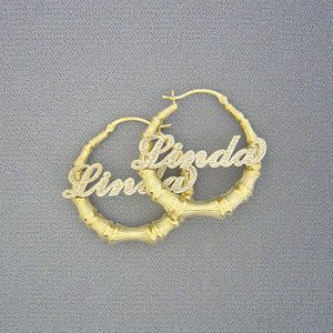 Personalized 10k and 14k two-tone iced out gold bamboo nameplate hoop earrings - 1.3 inch