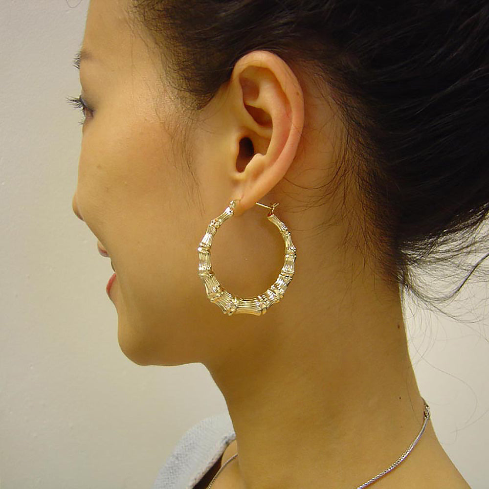 10k or 14k Real Gold Round Bamboo Hollow Hoop Earrings 1 11/16 Inches Doorknockers