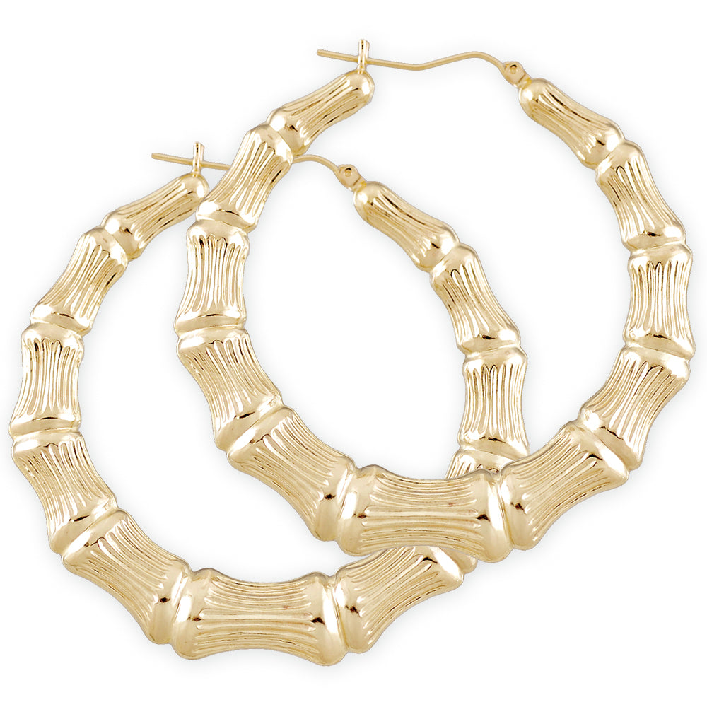10k or 14k Real Gold Round Hollow Bamboo hoop Earrings 2.2 Inches Doorknockers Fine Jewelry