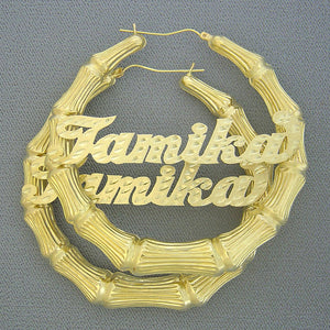 3 Inch 10K yellow gold custom name bamboo hoop earrings with diamond cut cursive lettering