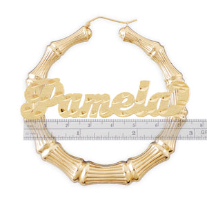 2.9" Personalized Diamond Cut Bamboo Name Hoop Earrings (10K/14K)