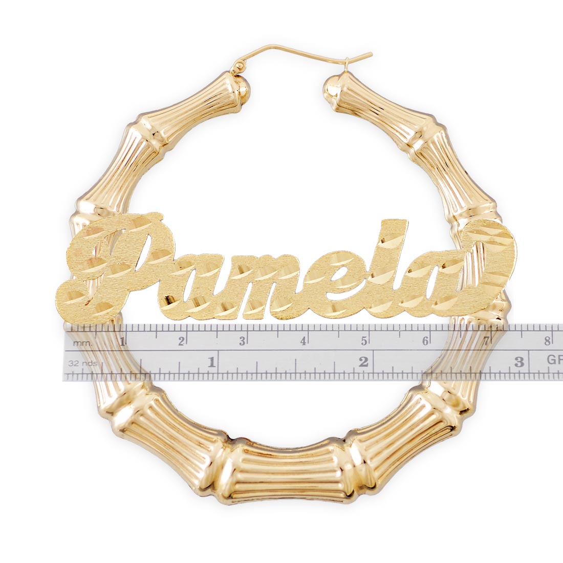Large 10K or 14K Real Gold Personalized Diamond Cut Name Bamboo Hoop Custom Made Earrings 2.9 Inches