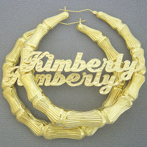 Custom 10K real gold extra large bamboo name hoop earrings featuring personalized diamond-cut nameplates