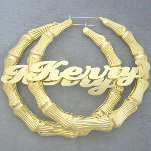 Personalized 10K real gold extra large bamboo name hoop earrings featuring custom script lettering