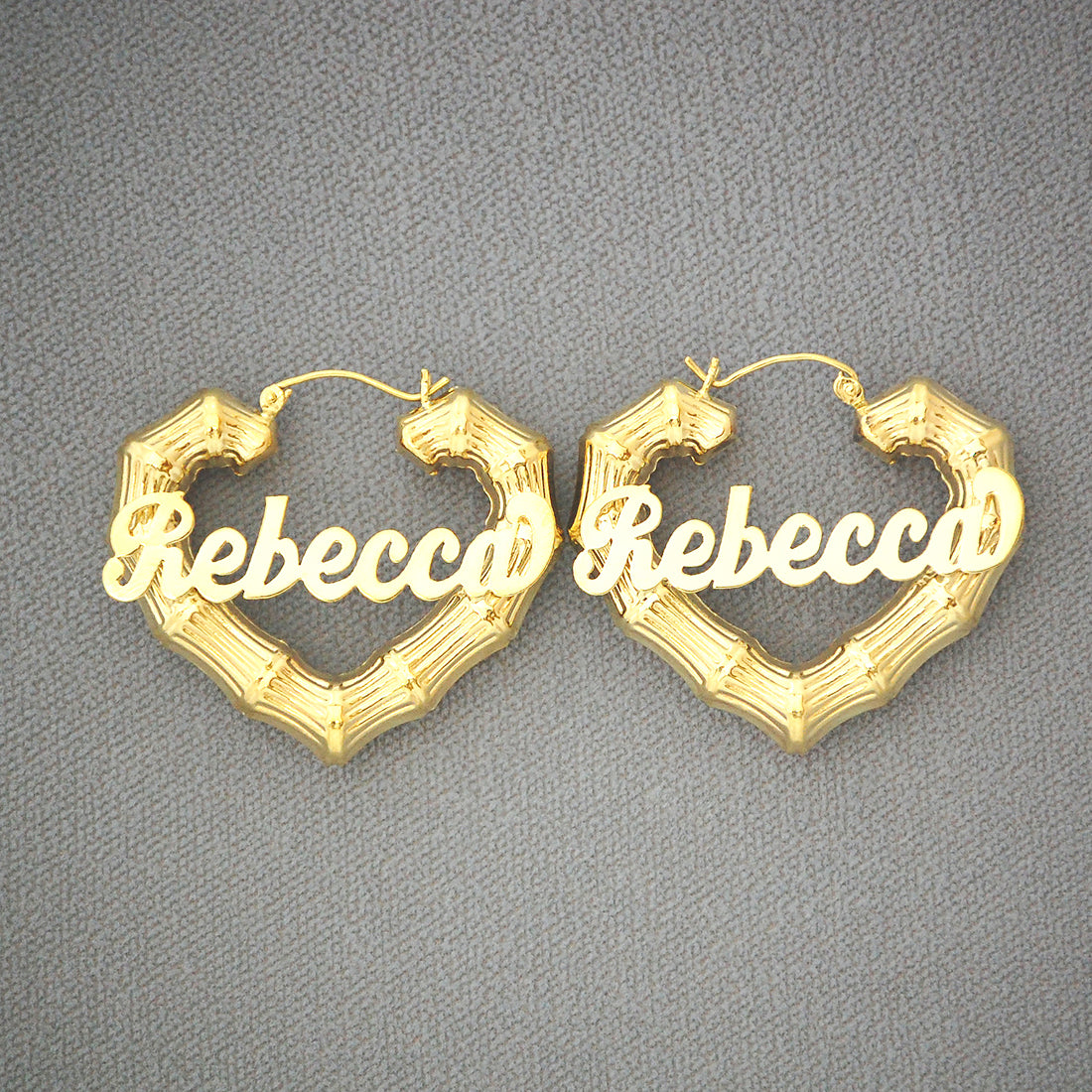 10k or 14k Real Gold Personalized Shiny Name Heart Shape Bamboo Custom Made Earrings 1.5 Inches Wide