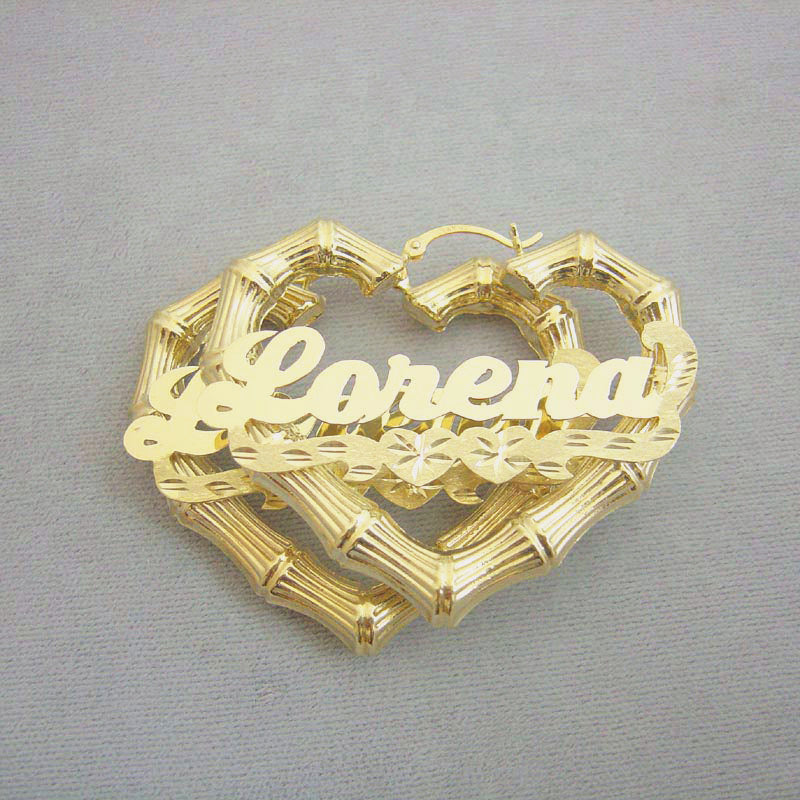 10k or 14k Real Gold Personalized Shiny Name Heart Shape Bamboo Earrings 2 Inches Wide Diamond Cut Hearts.