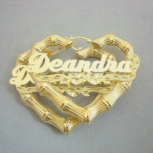 Pair of custom 10k or 14k yellow gold personalized heart bamboo hoop earrings with cursive nameplate