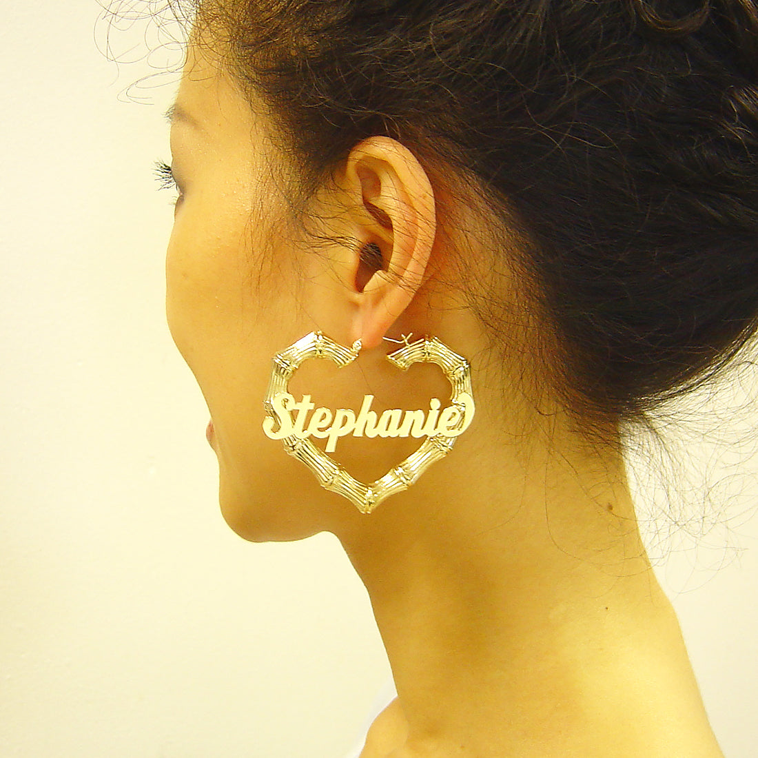 10k or 14k Gold Personalized Shiny Custom Made Name Heart Shape Bamboo Earrings 2.4 Inches Wide