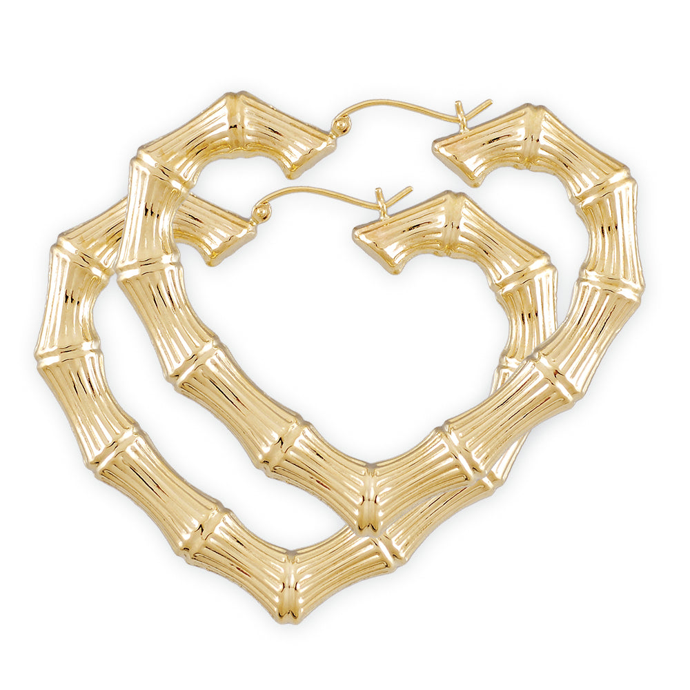 10k or 14k Yellow Real Gold Heart Bamboo Earrings Hoops Doorknocker Fine Jewelry 2.3 Inches Wide