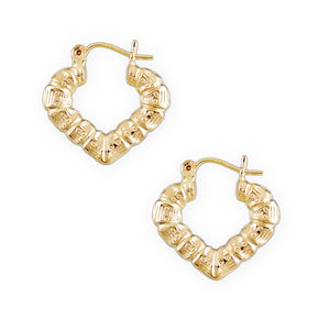 10K solid gold small puffy heart bamboo door knocker hoop earrings