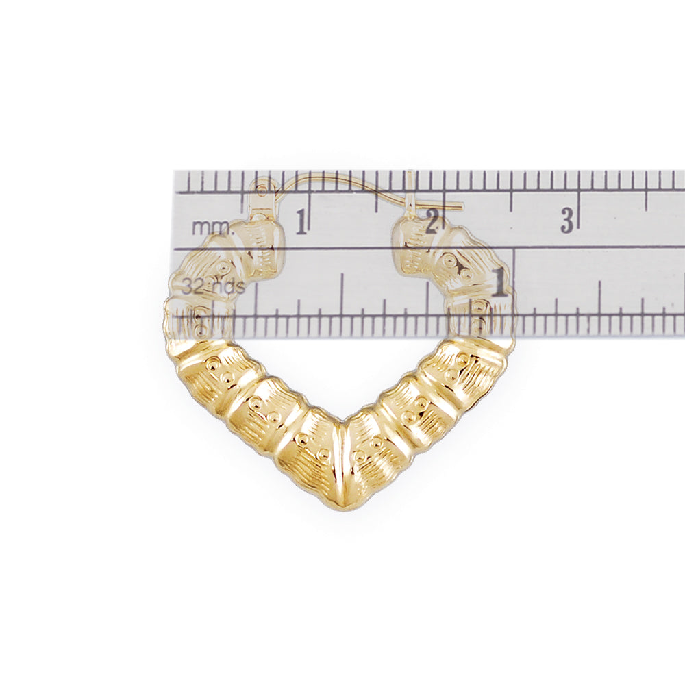 10K Yellow Gold Puffy Heart Bamboo Earrings 1 Inch Wide