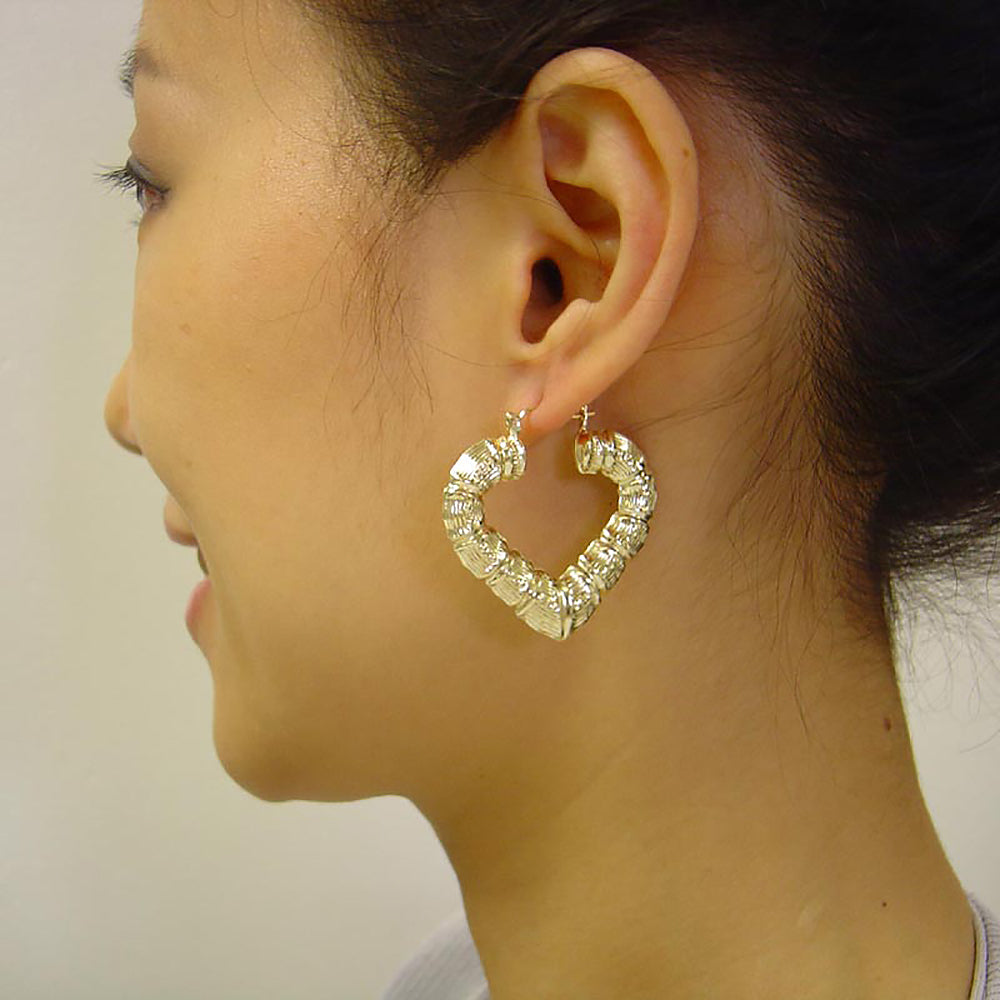10K Real Yellow Gold Puffy Heart Bamboo Earrings 1.5 Inches Wide Fine Jewelry