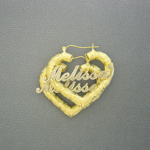 Solid 10k two-tone gold personalized iced out heart bamboo earrings with cursive nameplate