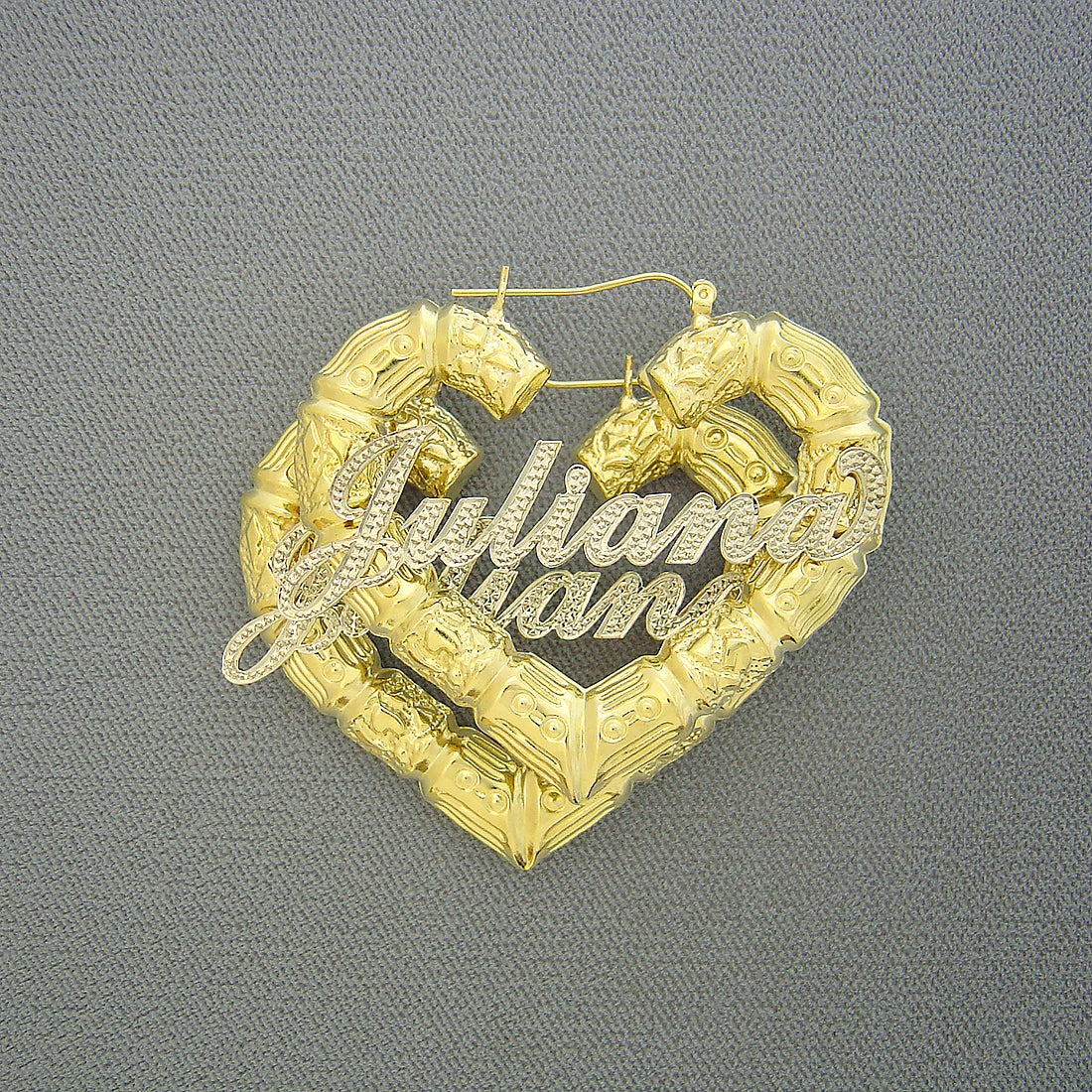 10k Gold Diamond Accent Rhodium Iced Out 2 Tone Name Heart Bamboo Earrings 2.2 Inches