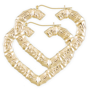 10K yellow gold puffy heart bamboo hoop door knocker earrings 2.5 inch