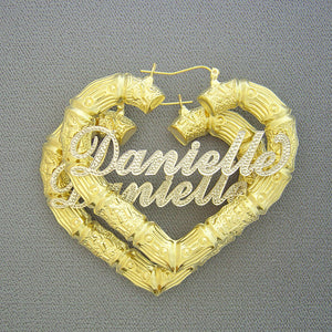 10K gold custom iced out two-tone heart bamboo name hoop earrings 2.5 inch