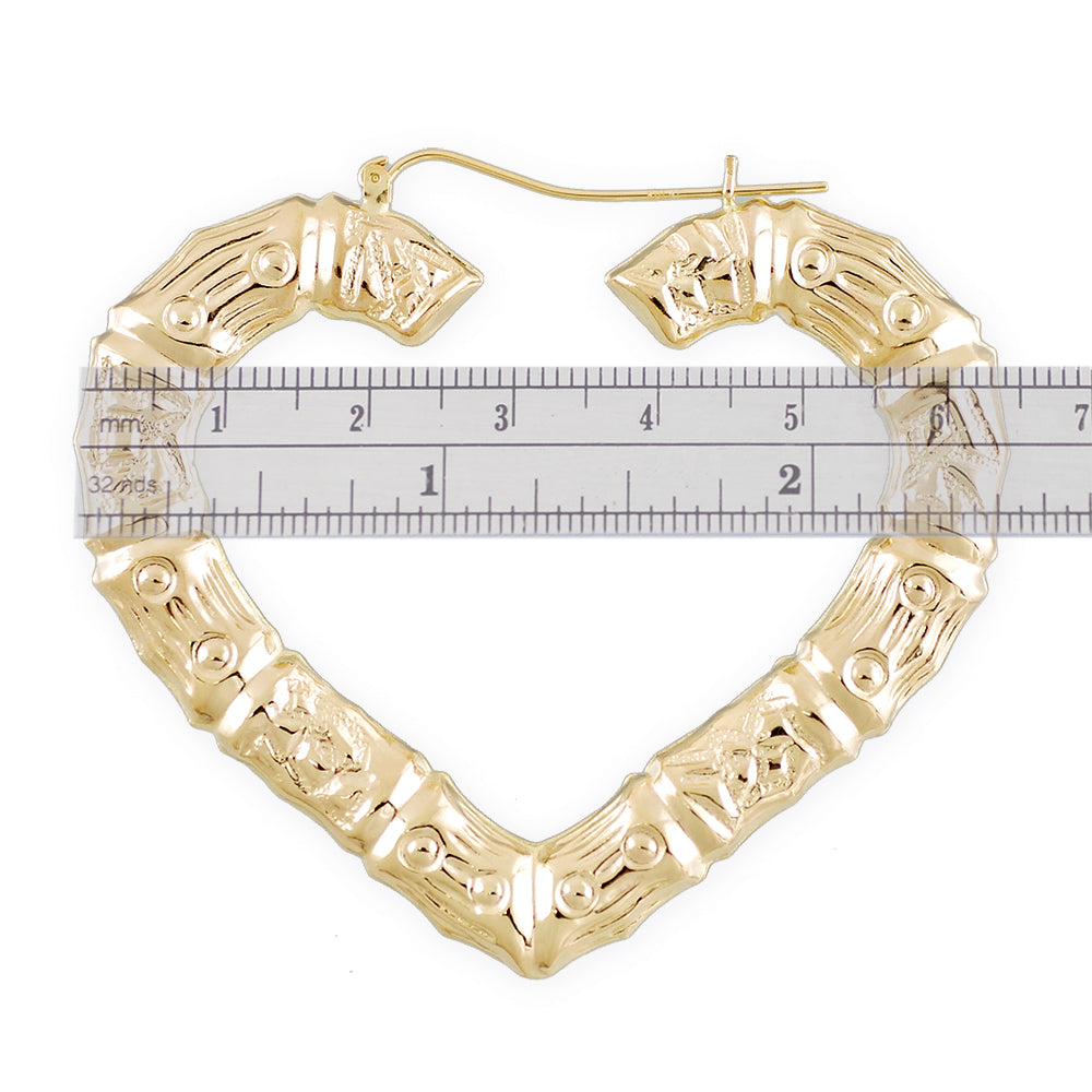10K Yellow Real Gold Puffy Hollow Heart Bamboo Hoop Earrings 2.5 Inches.