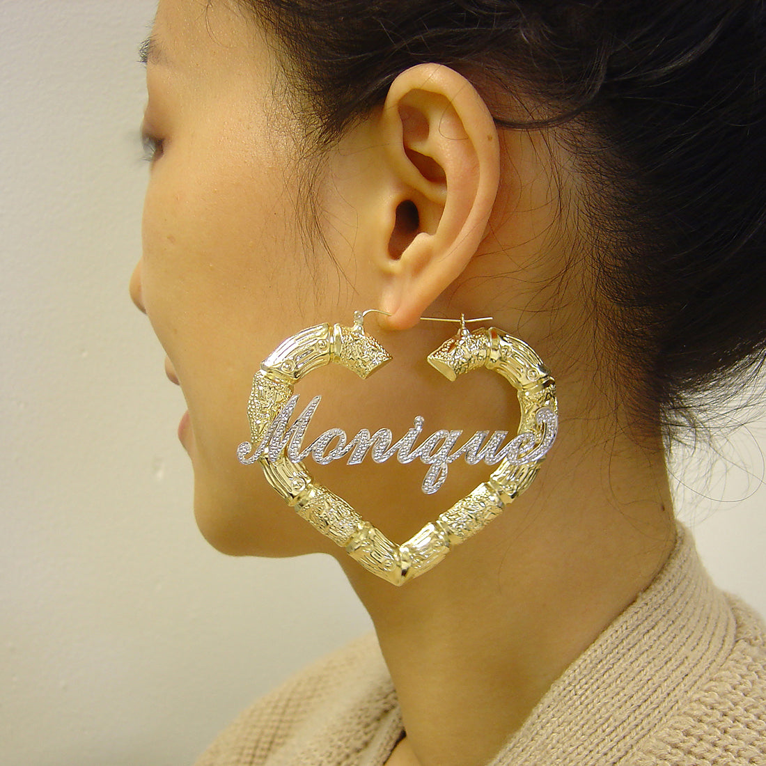 Large 10k Iced Out Customized Rhodium Name Heart Bamboo Earrings 3 Inches Wide  2 Tone Jewelry