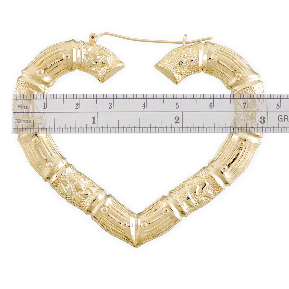 Large 10K Yellow Real Gold Puffy Heart Bamboo Hoop Earrings 3 Inches Wide.
