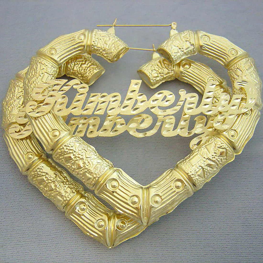 Extra Large Real 10k Gold Personalized Diamond Name Puffy Heart Bamboo Earrings 3.5 Inches Wide