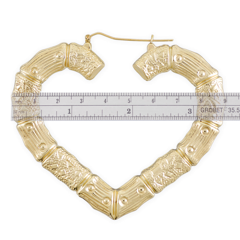 Huge 10K Yellow Real Gold Puffy Heart Bamboo Hoop Earrings 3.5 Inches