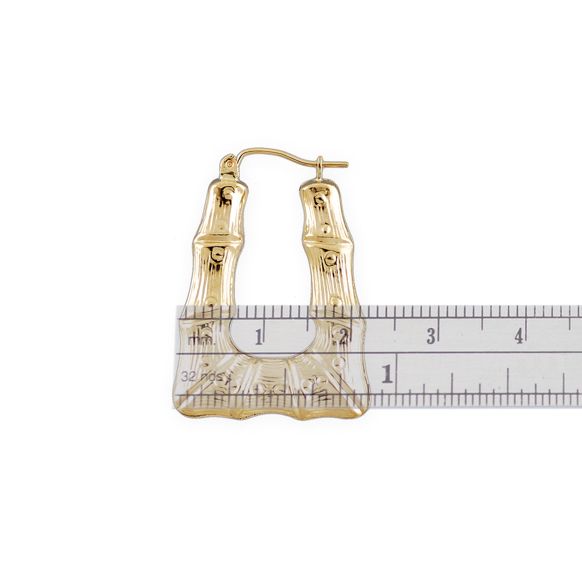 10K gold 1-inch rectangular textured bamboo doorknocker hoop earrings