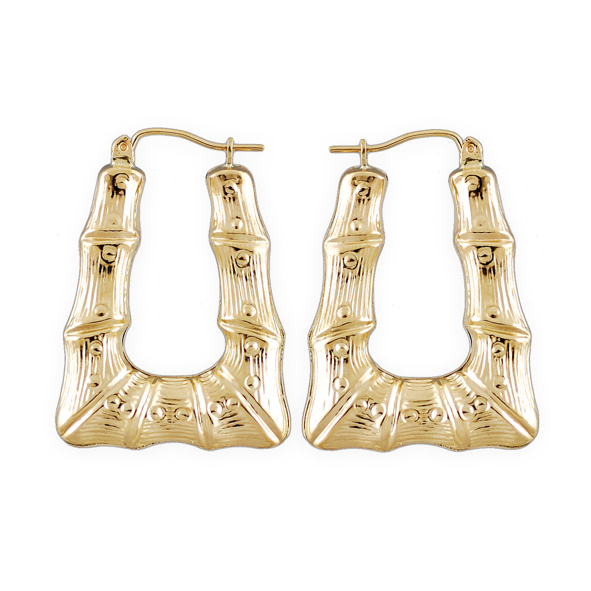 10K real yellow gold 1-inch rectangular bamboo doorknocker hoop earrings with clip closure