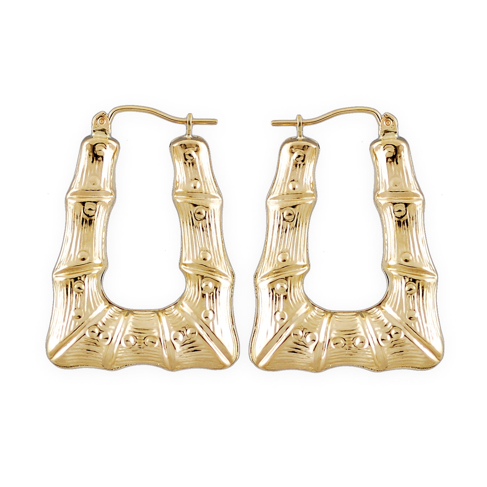 10K Real Gold Rectangular Style Doorknocker Bamboo Hoop Earrings 1.25 Inch Tall Fine Jewelry