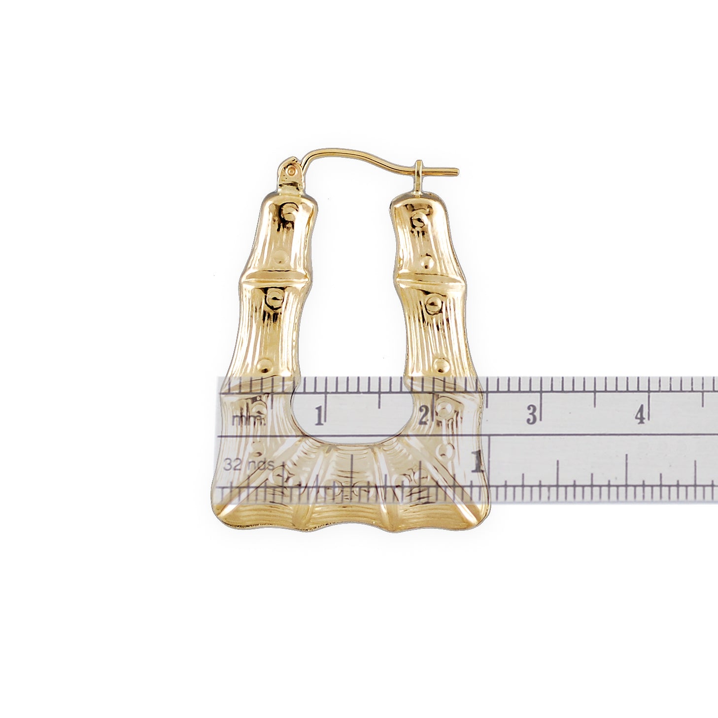 10K Real Gold Rectangular Style Doorknocker Bamboo Hoop Earrings 1.25 Inch Tall Fine Jewelry