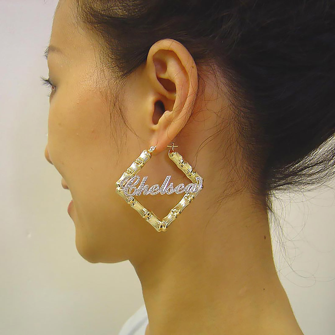 Personalized 10K Gold Square Iced Out Rhodium 2 Tone Name Bamboo Earring 2 Inches Wide