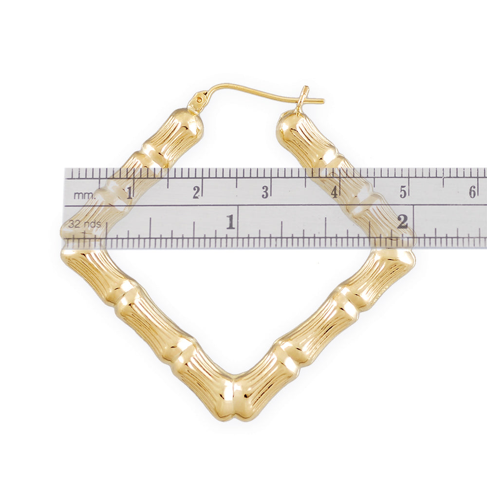 10K Real Gold Square Door Knocker Bamboo Hoop Earrings Jewelry 2 Inches Wide