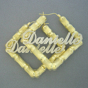 Personalized 10K real gold square door knocker bamboo hoop earrings with iced out custom cursive nameplate