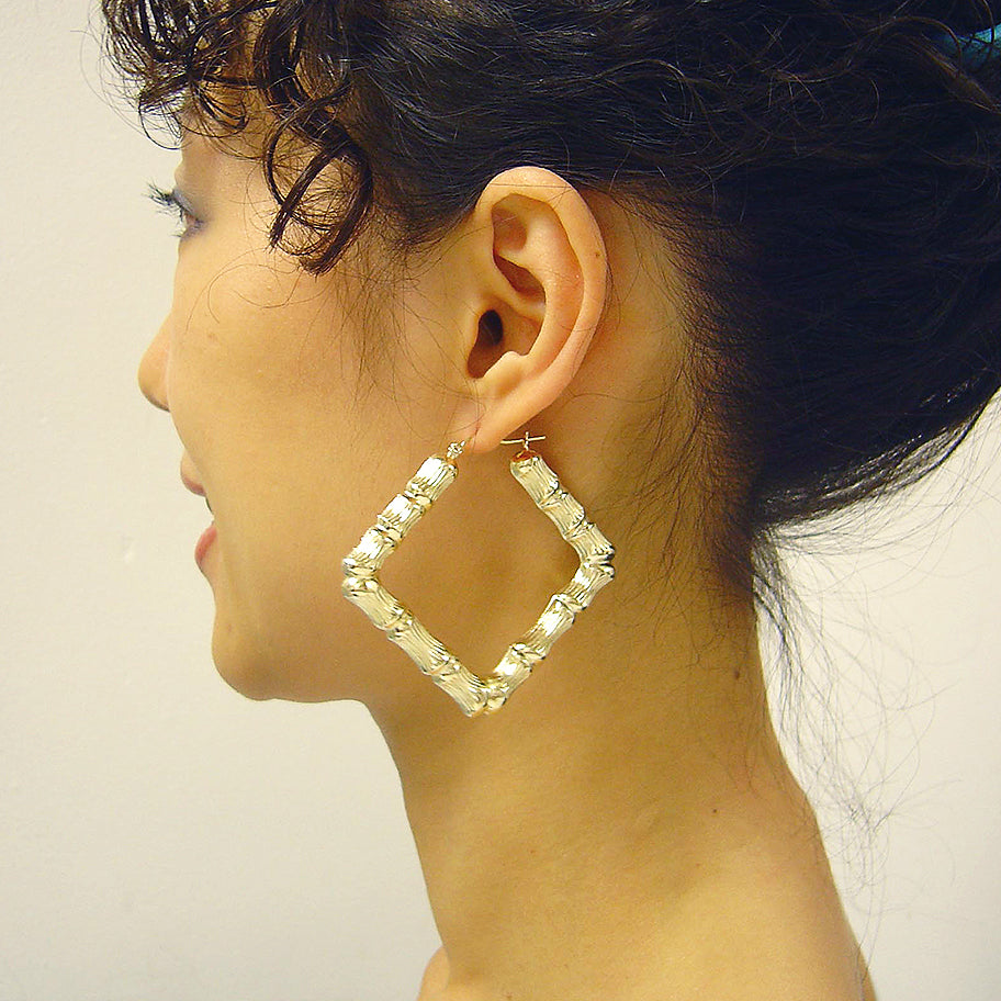 10k Real Gold Square Bamboo Door Knocker Bamboo Hoop Earrings 2.5 Inches Wide.