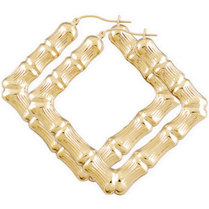 Large 10K real solid gold 2.75 inch square door knocker bamboo hoop earrings