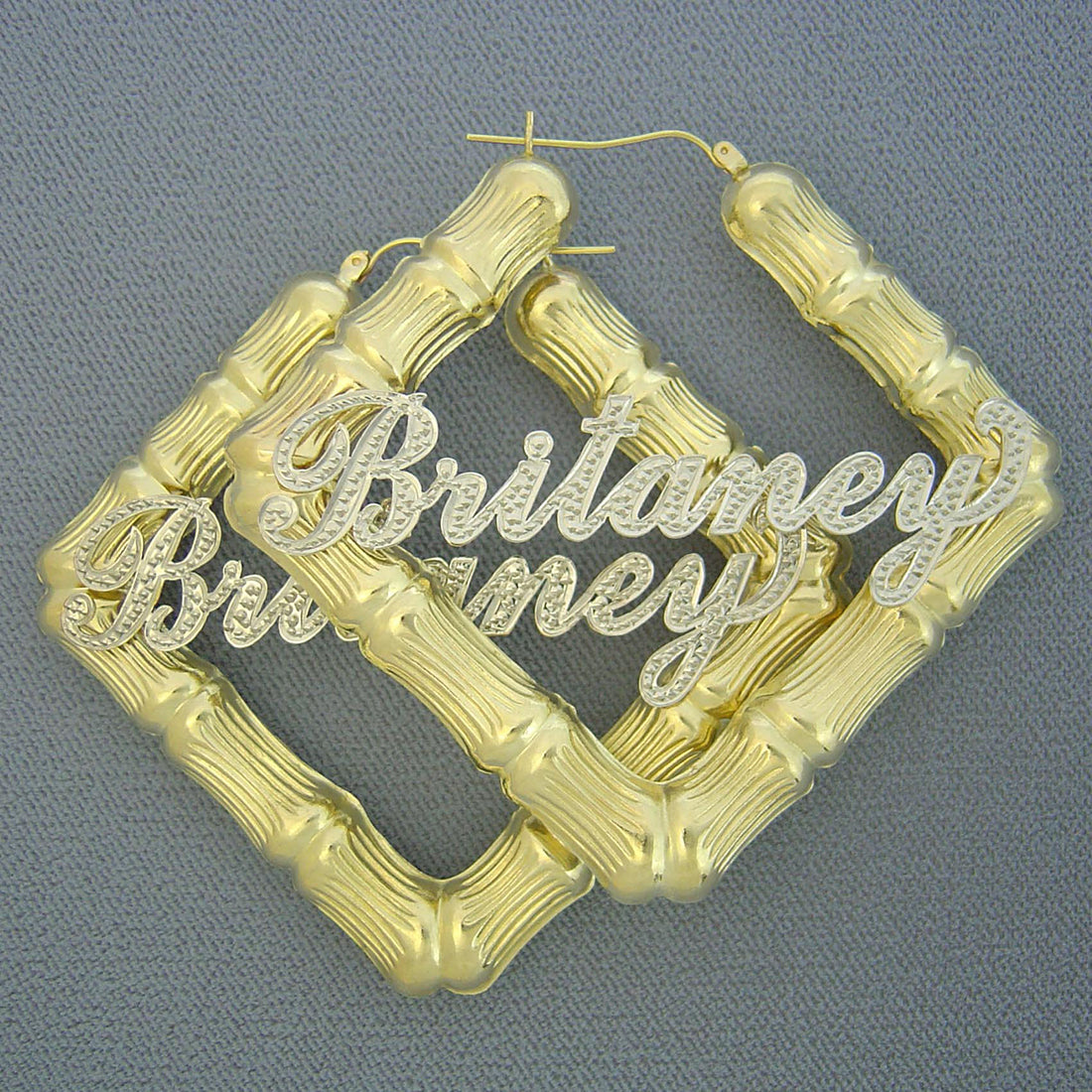 Personalized 10k Square Door Knocker Iced Out Name Bamboo Earring 2.75 Inches Wide 2 Tone Fine Jewelry