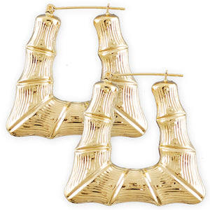 10K Real Gold Puffed Hollow Rectangular Shape Doorknocker Bamboo Hoop Earrings 1.9 Inches Wide