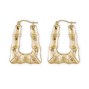 10K real yellow gold 1-inch rectangular bamboo doorknocker hoop earrings with clip closure
