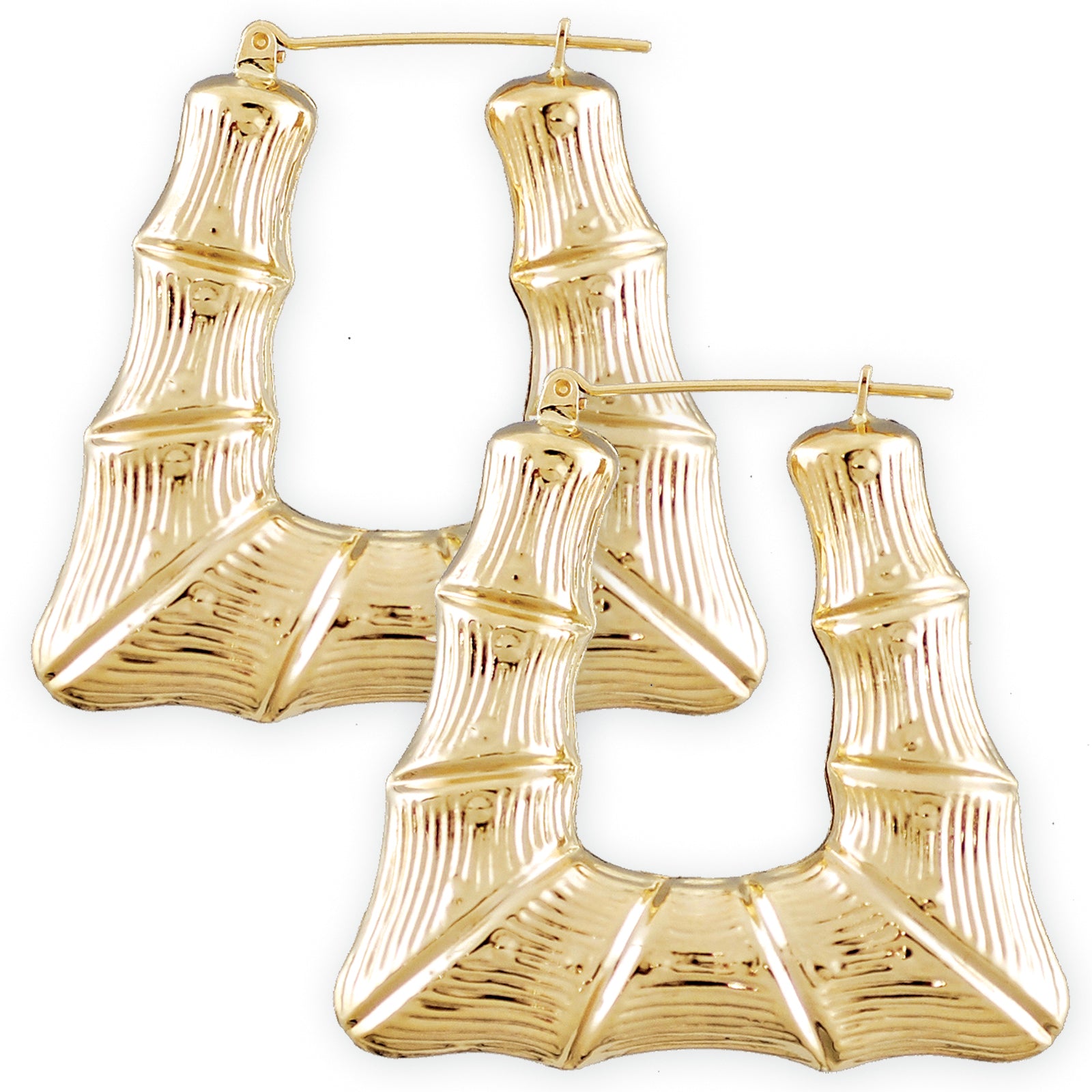 10K Real Gold Puffed Hollow Rectangular Shape Doorknocker Bamboo Hoop Earrings 1.9 Inches Wide