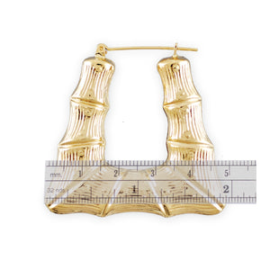 10K Real Gold Puffed Hollow Rectangular Shape Doorknocker Bamboo Hoop Earrings 1.9 Inches Wide