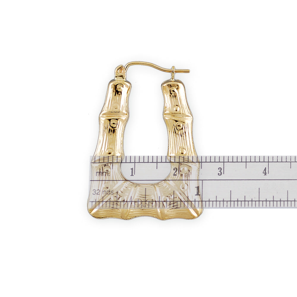 10K Real Gold Rectangular Style Doorknocker Bamboo Hoop Earrings 1 Inch Tall.