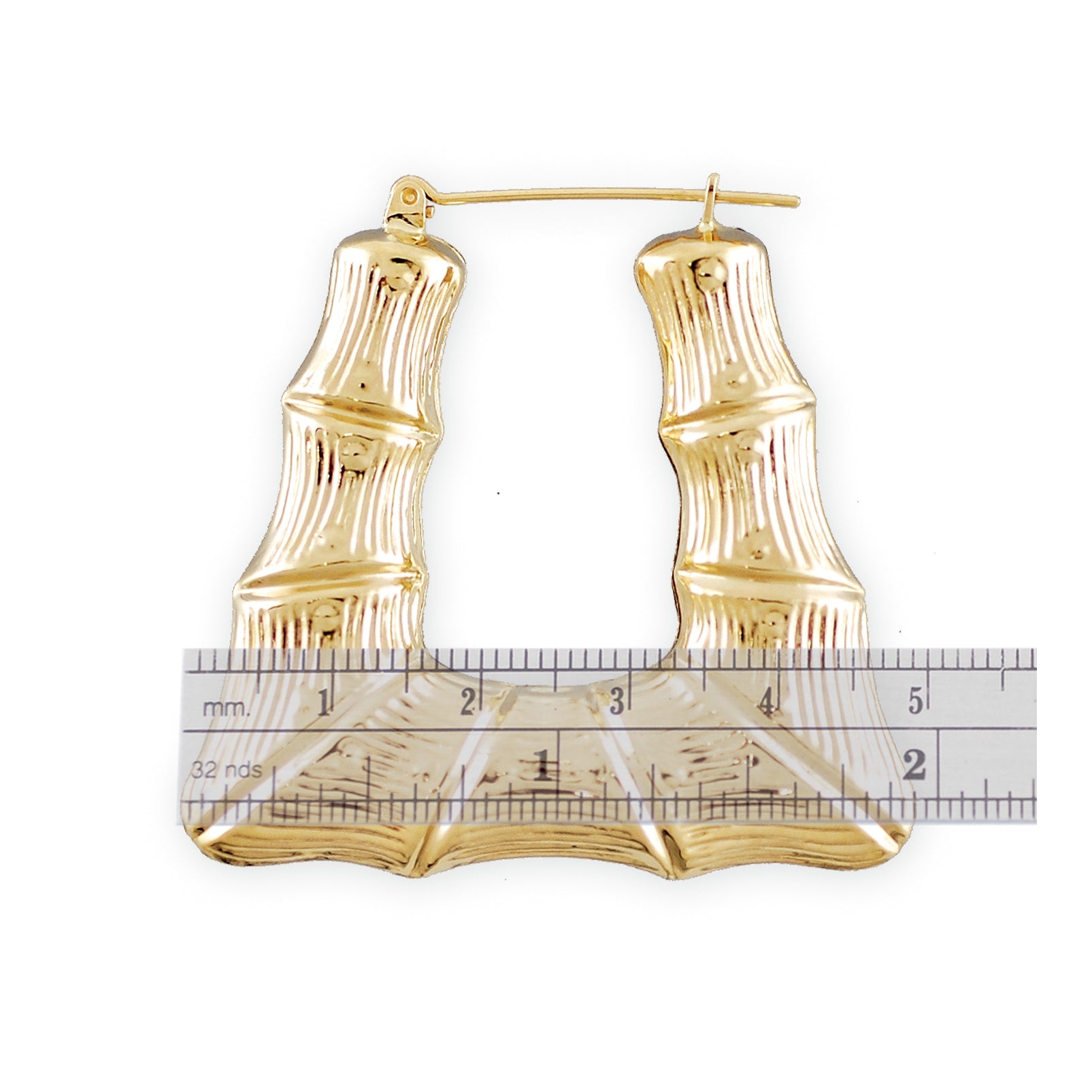 10K Real Gold Puffed Hollow Rectangular Shape Doorknocker Bamboo Hoop Earrings 1.9 Inches Wide