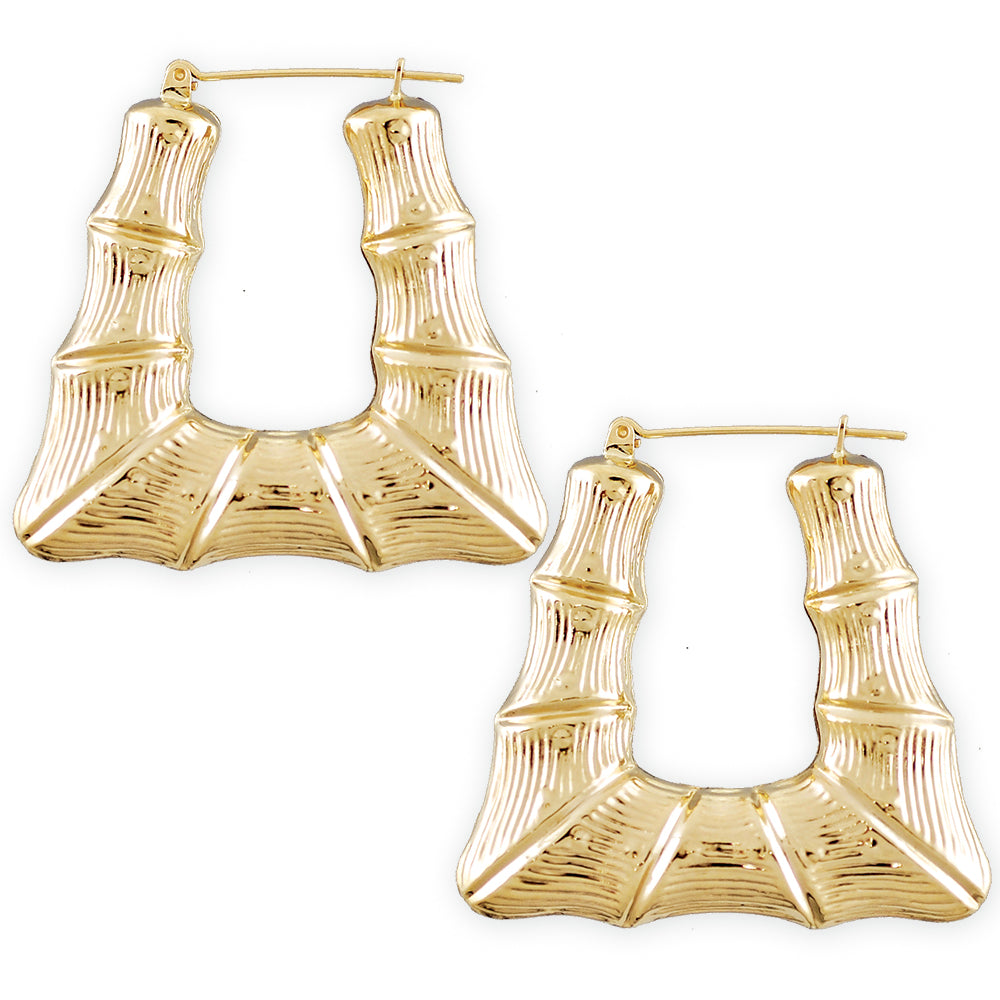 10K Real Gold Puffed Hollow Rectangular Shape Doorknocker Bamboo Hoop Earrings Inches