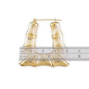 1.5 inch width and height measurement of 10K gold rectangular bamboo hoop earrings