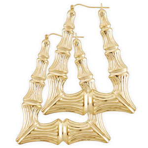 10K yellow gold extra large rectangular bamboo door knocker hoop earrings