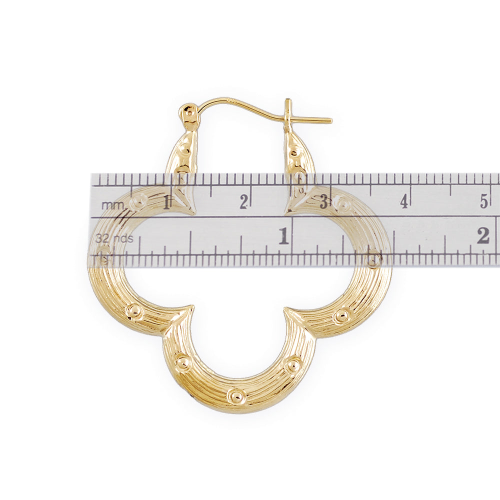 10K Real Yellow Gold Flower Shape Bamboo Hoop Hollow Earrings 1.5 Inches Wide.