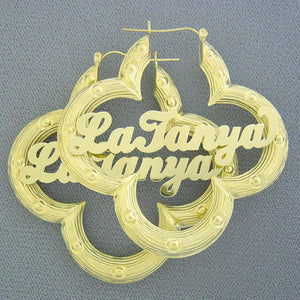 Pair of custom 10K real gold flower bamboo hoop name earrings 2.5 inches