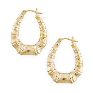 Small 10K Yellow Gold Oval Bamboo Hoop Earrings 1 Inch