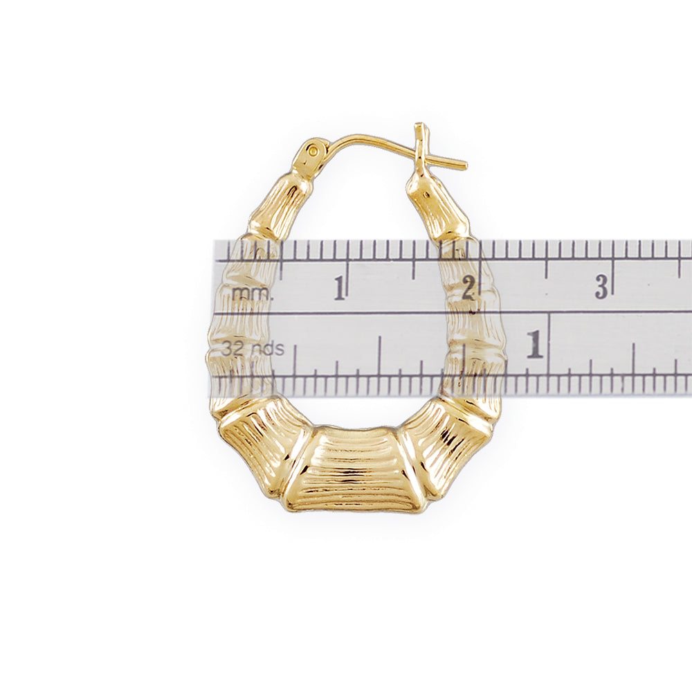 Small 10K Real Gold Oval Shape Hollow Bamboo Earrings 1 inch Tall Mini Doorknocker.