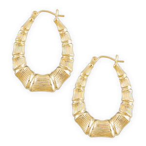 10K yellow gold oval bamboo hoop earrings 1 inch wide