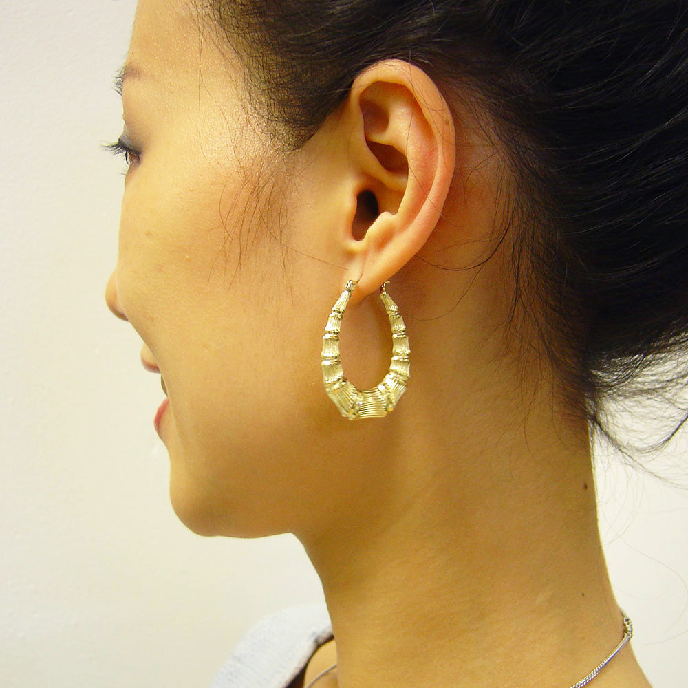 10K Real Gold Hollow Oval Shape Bamboo Earrings Jewelry 1 Inch Wide Fine Jewelry